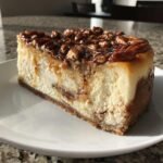 Ein St&uuml;ck Dekadenter Creme Brulee Karamell-Pekannuss-Kuchen mit karamellisierten Pekann&uuml;ssen obenauf.