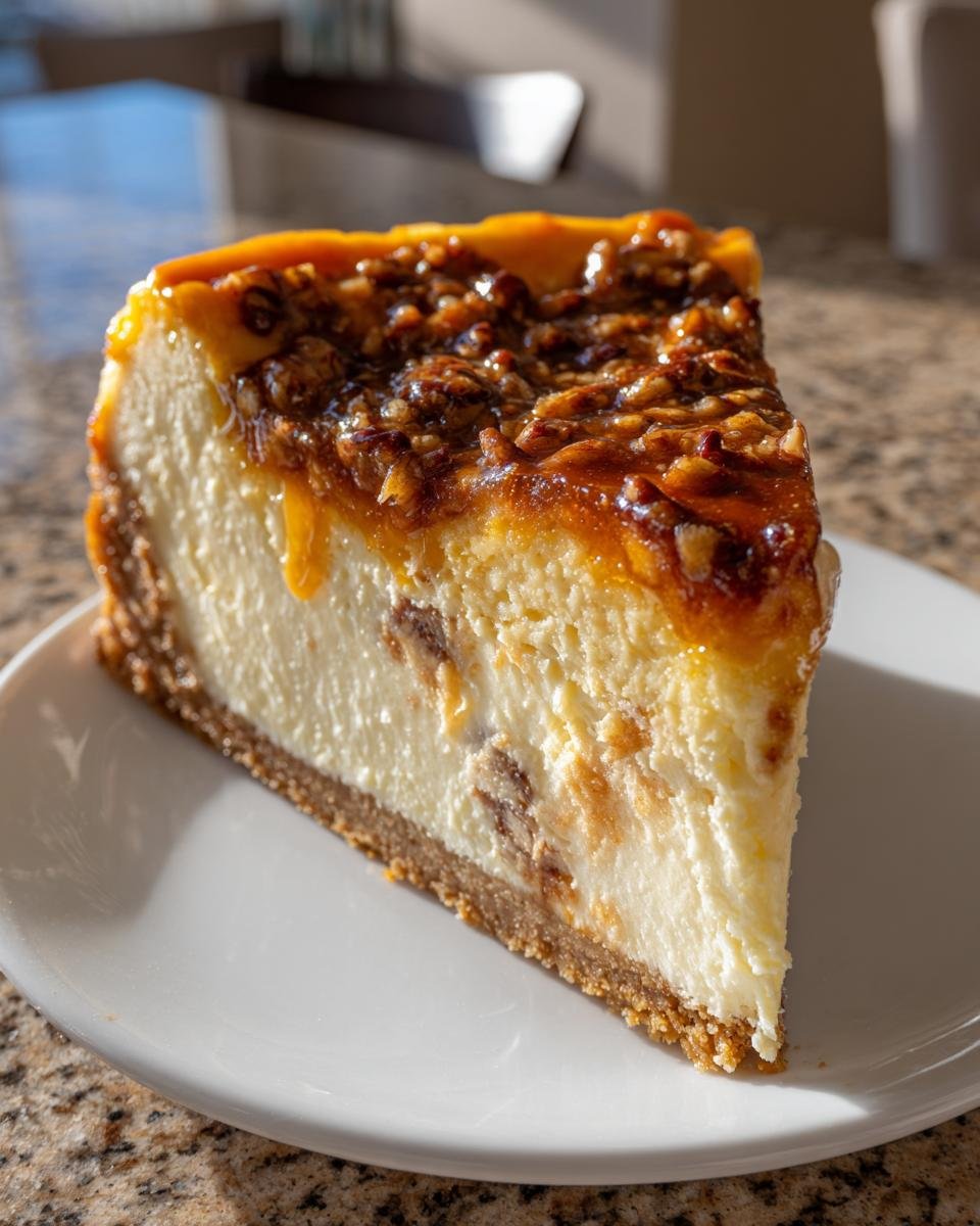 Nahaufnahme eines cremigen St&uuml;cks Dekadenter Creme Brulee Karamell Pekannusskuchen mit karamellisierten Pekann&uuml;ssen obenauf.