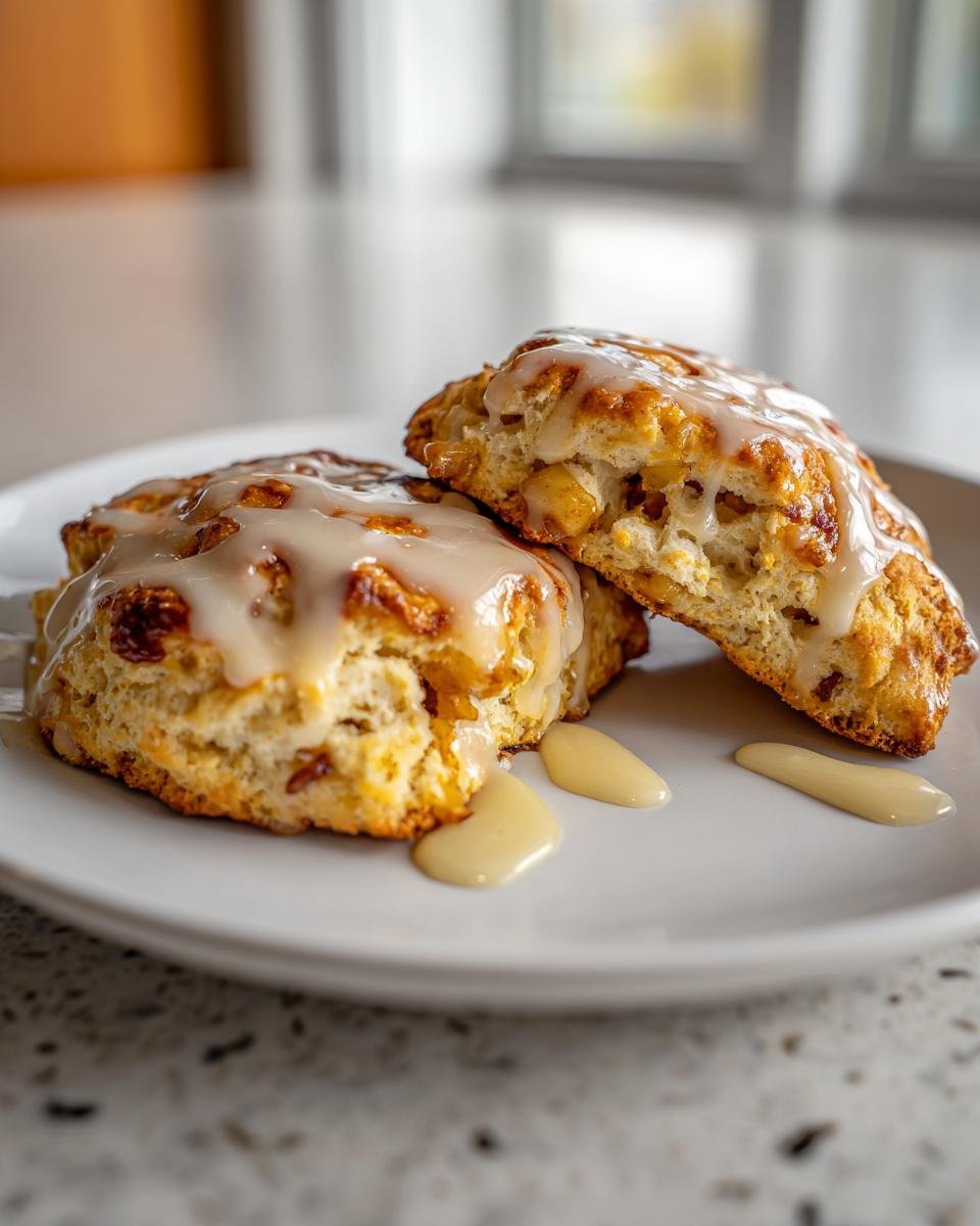 Zwei Delicious Apple Scones With Maple Glaze auf einem Teller, einer davon angeschnitten, mit Ahorn-Zuckerguss.
