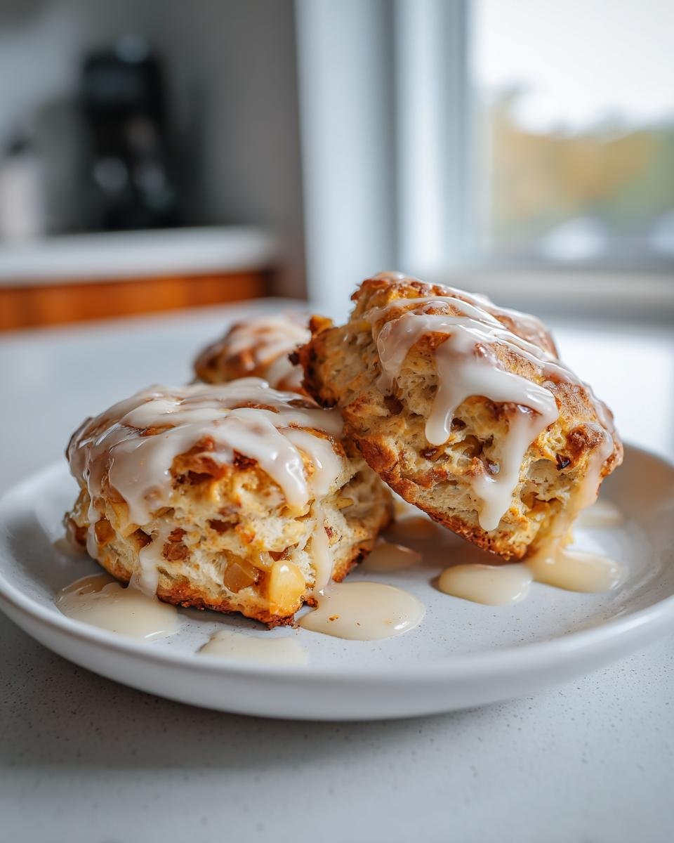 Drei Delicious Apple Scones With Maple Glaze auf einem Teller, &uuml;bergossen mit reichlich Ahorn-Zuckerguss.