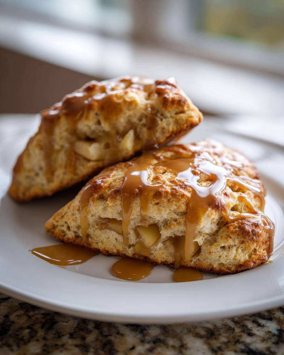 Zwei Delicious Apple Scones With Maple Glaze mit Ahornsirup-Glasur auf einem wei&szlig;en Teller.