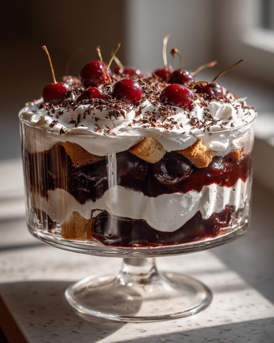 Mehrschichtiges Delicious Black Forest Trifle mit Kirschen, Sahne und Schokostreuseln im Glas.