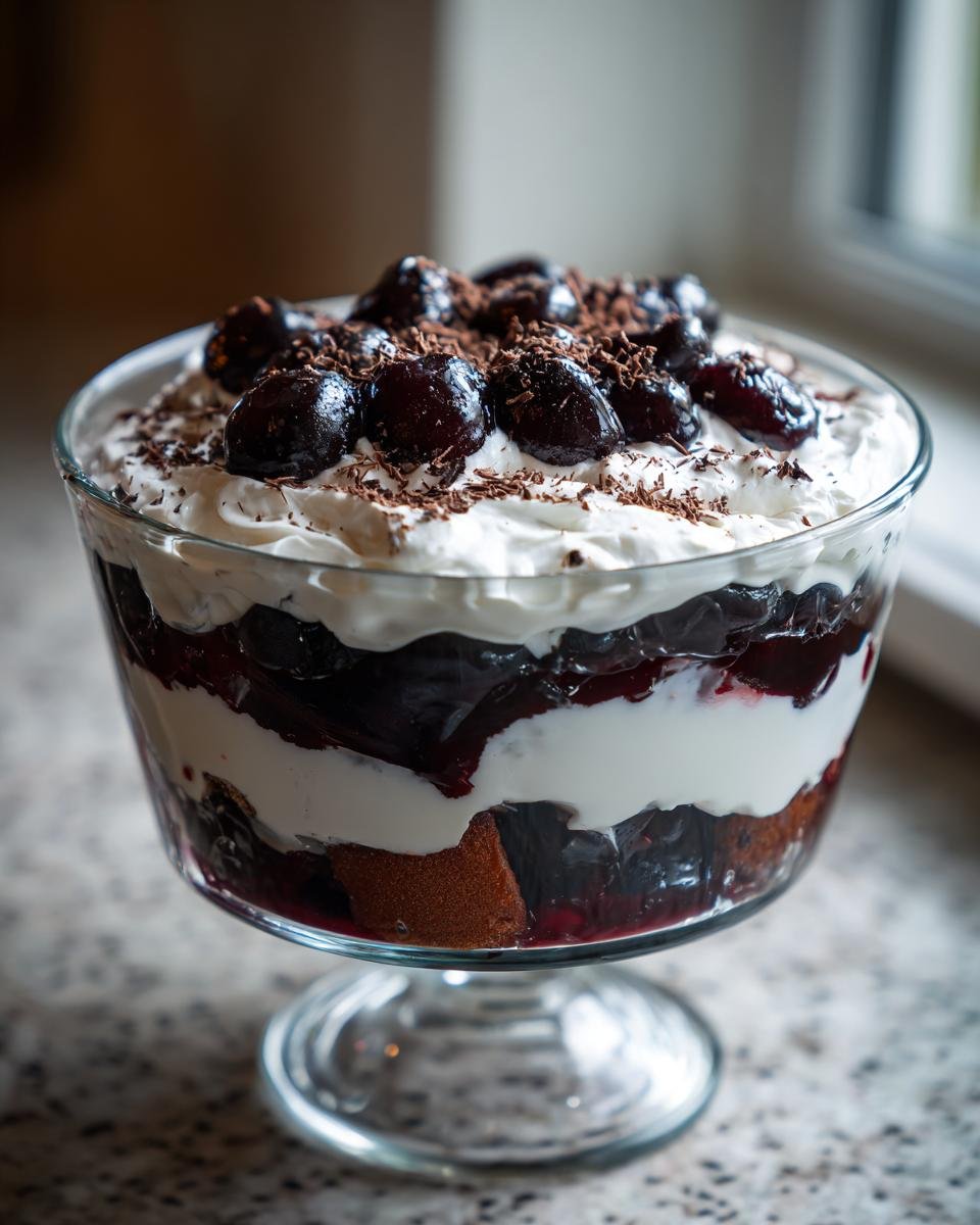 Schichtdessert im Glas: Delicious Black Forest Trifle mit Kirschen, Sahne und Schokostreuseln.