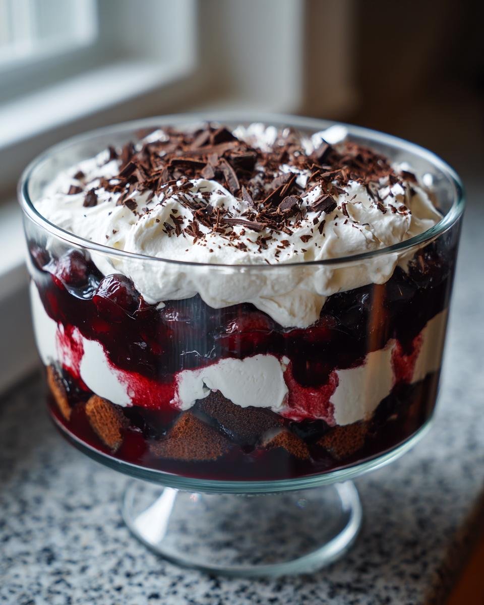 Ein gro&szlig;es Glas mit Delicious Black Forest Trifle, geschichtet mit Kirschen, Sahne und Schokostreuseln.