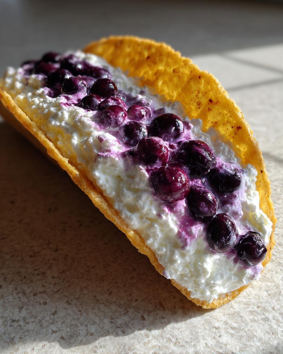 Nahaufnahme einer knusprigen Taco-Schale gef&uuml;llt mit Quark und Blaubeeren, ein Beispiel f&uuml;r Delicious Blueberry Cheesecake Taco Shells.