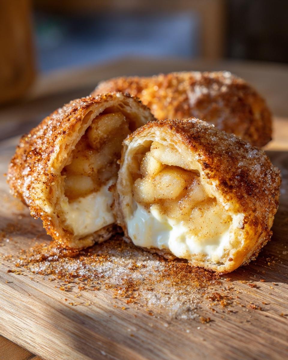 Aufgeschnittener, mit Zimt und Zucker bestreuter Teig, gef&uuml;llt mit Apfelst&uuml;cken und cremiger K&auml;sekuchenf&uuml;llung.