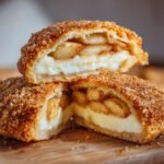 Nahaufnahme einer aufgeschnittenen, mit Zimtzucker bestreuten Cheesecake Gef&uuml;llte Apfelpastete mit Apfelst&uuml;cken und cremiger F&uuml;llung.