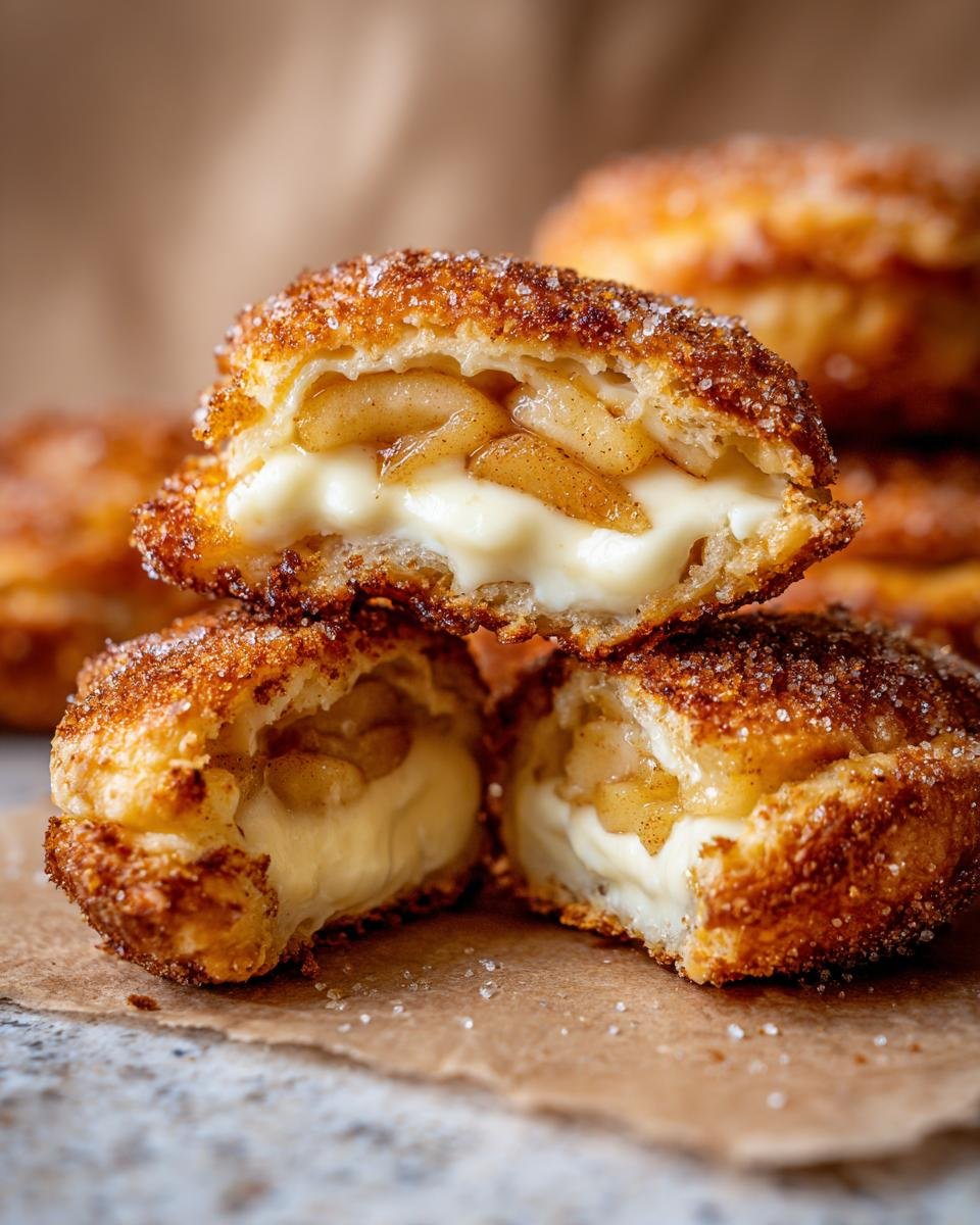 Nahaufnahme von aufgeschnittenen Delicious Cheesecake Stuffed Apple Pies mit Apfelf&uuml;llung und cremiger K&auml;sef&uuml;llung.