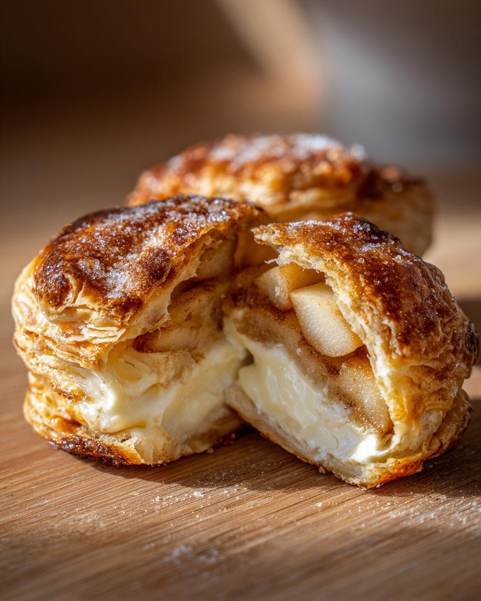 Aufgeschnittener Bl&auml;tterteig mit cremiger F&uuml;llung und Apfelst&uuml;cken: Delicious Cheesecake Stuffed Apple Pies.