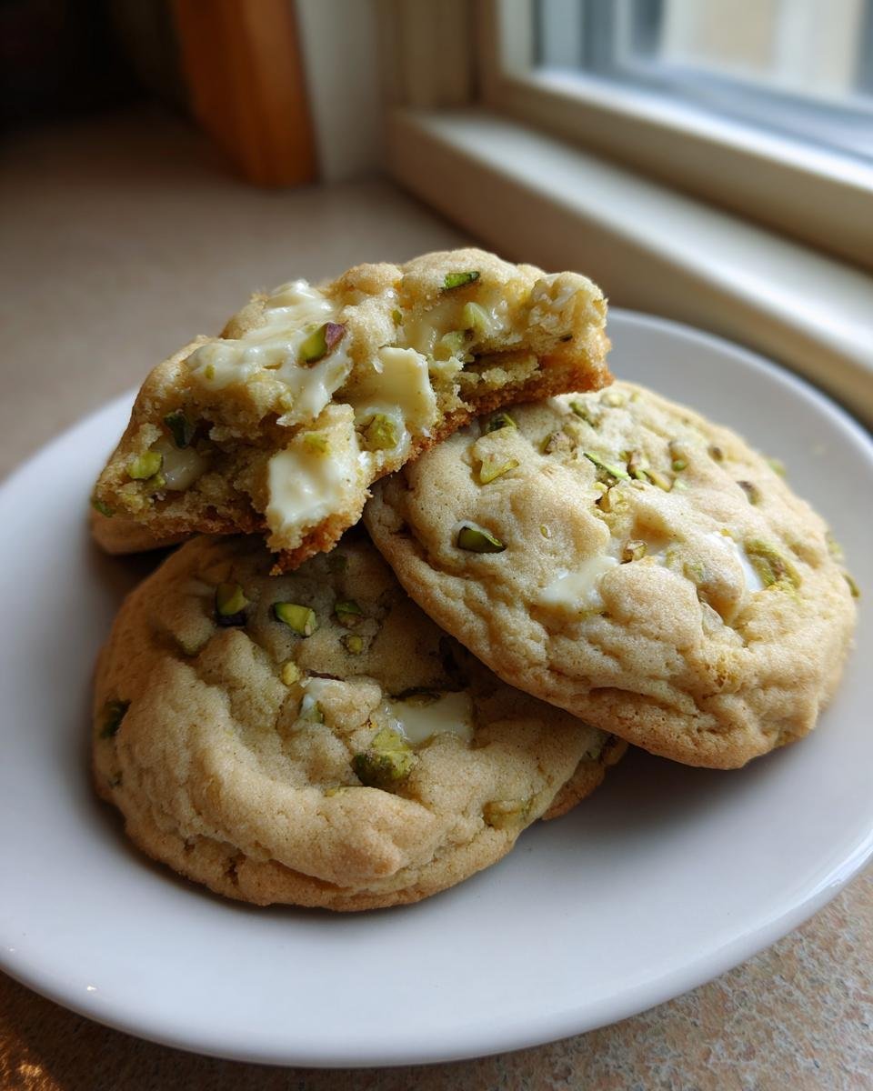 Drei Delicious Creamy Pistachio White Chocolate Cookies auf einem Teller, einer davon zerbrochen, um die cremige F&uuml;llung zu zeigen.