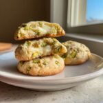 Gestapelte und aufgeschnittene Delicious Creamy Pistachio White Chocolate Cookies mit geschmolzener F&uuml;llung.