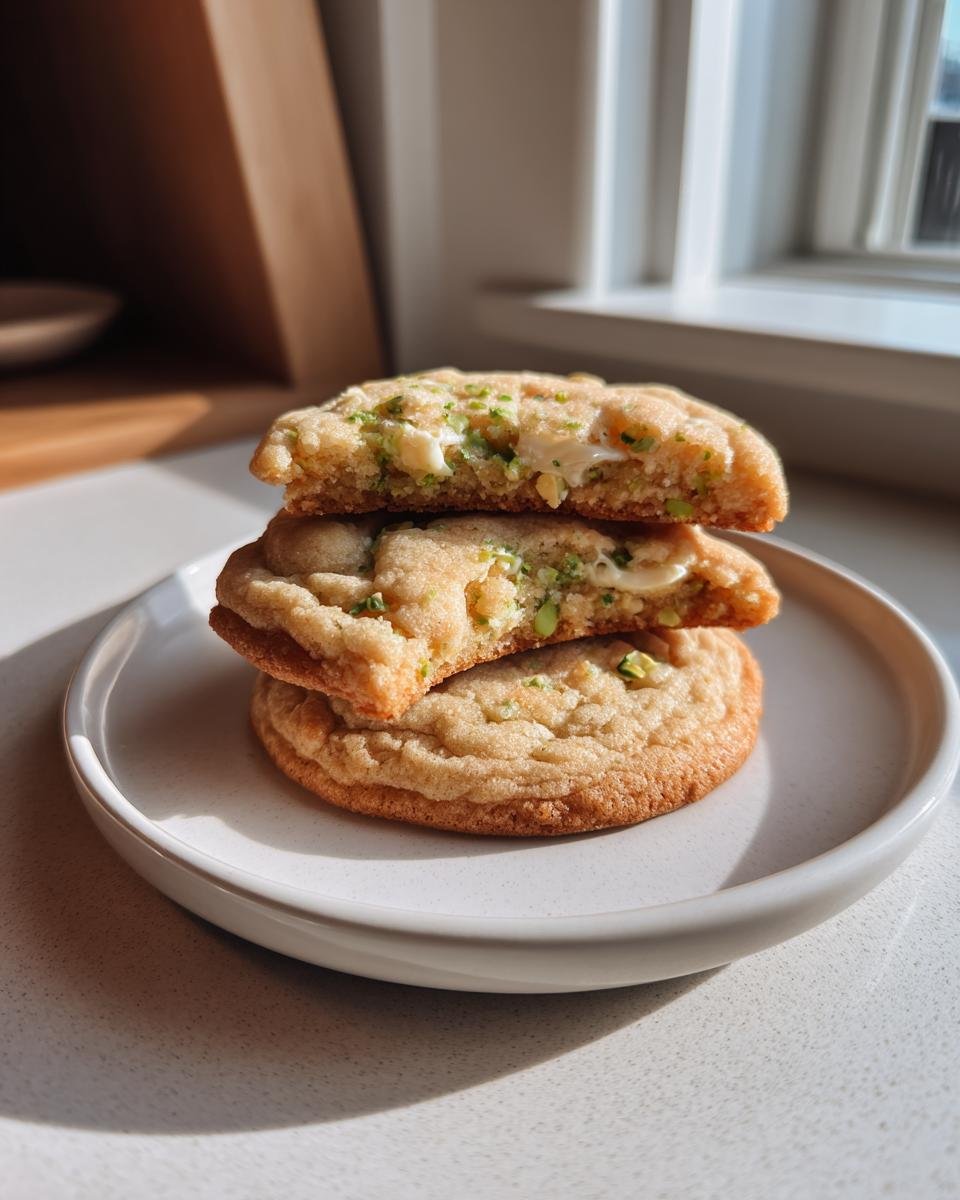 Nahaufnahme von Delicious Creamy Pistachio White Chocolate Cookies, gestapelt, mit geschmolzener wei&szlig;er Schokolade und Pistazienst&uuml;cken.