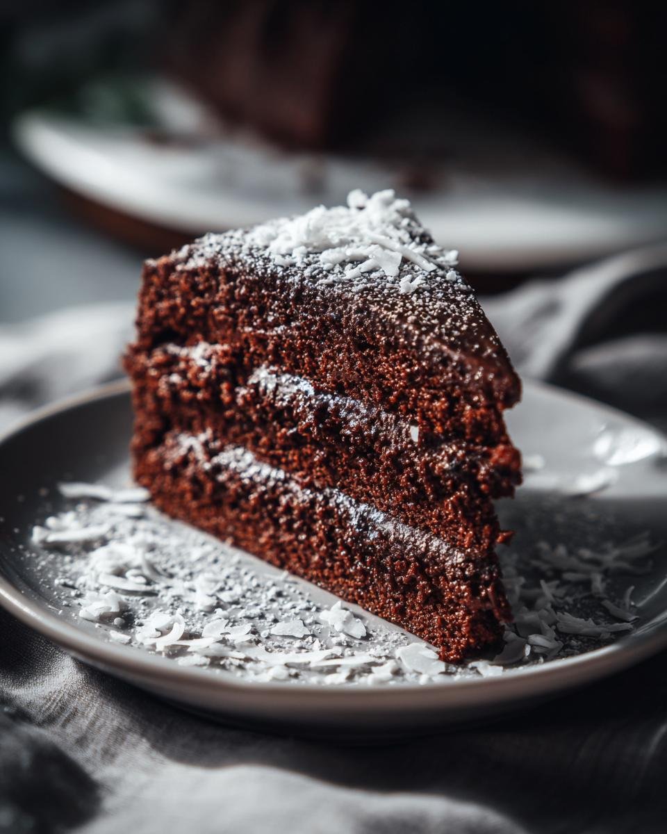 Ein St&uuml;ck Delicious Easy Chocolate Coconut Cake auf einem Teller, bestreut mit Kokosraspeln und Puderzucker.