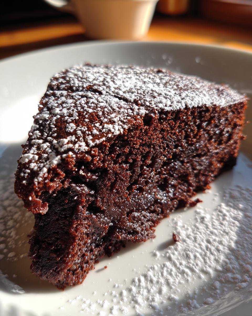 Nahaufnahme eines saftigen St&uuml;cks Delicious Easy Chocolate Coconut Cake, best&auml;ubt mit Puderzucker.