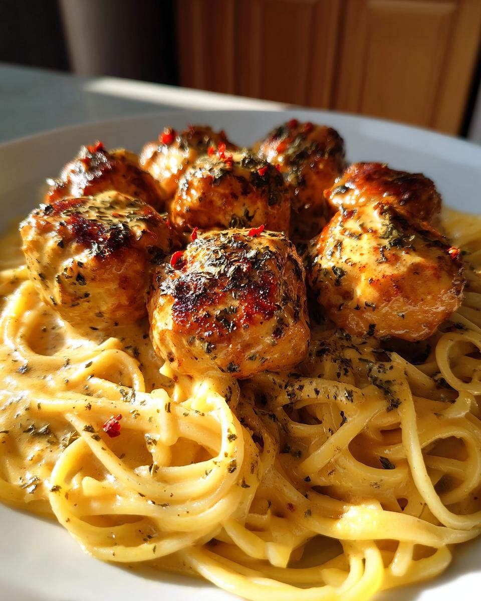 Nahaufnahme von Delicious Garlic Butter Chicken Balls Creamy Pasta mit goldbraunen B&auml;llchen und Kr&auml;utern.