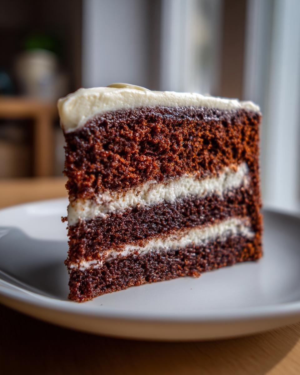 Nahaufnahme eines St&uuml;cks Delicious Gingerbread Cake mit dunklem Teig und wei&szlig;er Creme-F&uuml;llung.