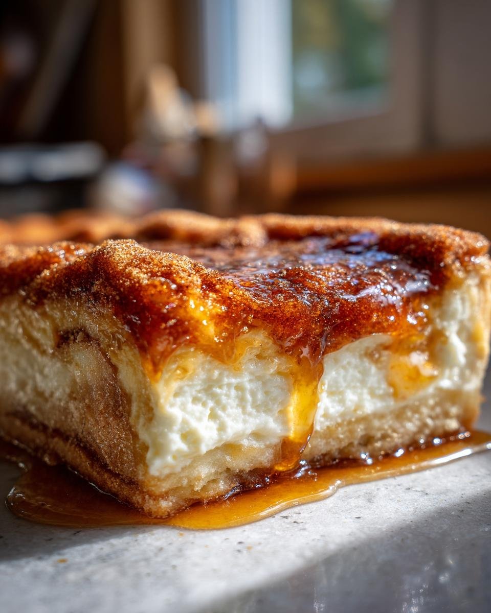 Nahaufnahme eines St&uuml;cks Delicious Honey Cinnamon Sugar Sopapilla Cheesecake mit &uuml;ppigem Honig-Zimt-Guss.