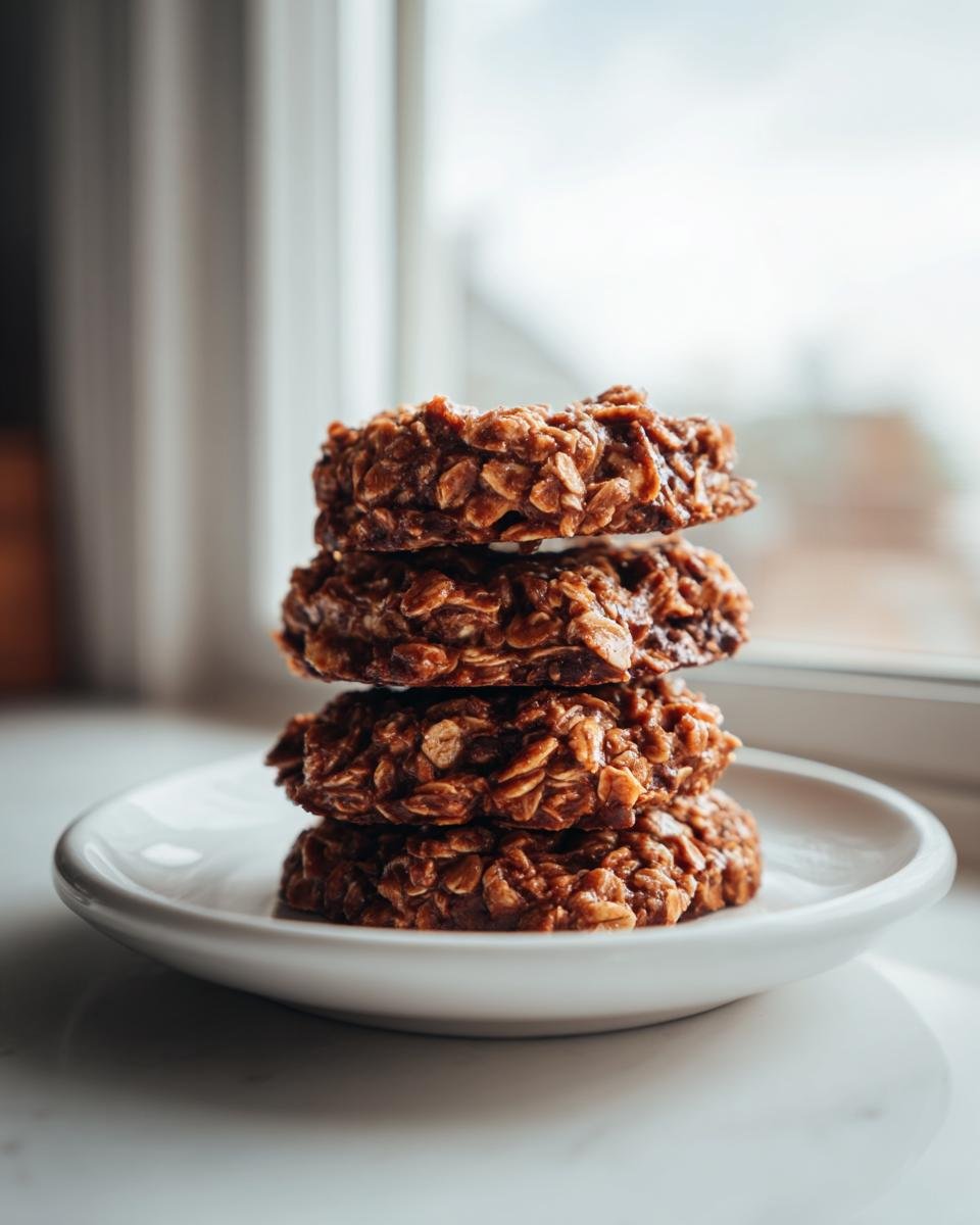 Stapel von vier Delicious Peanut Butter No Bake Cookies auf einem wei&szlig;en Teller vor einem Fenster.