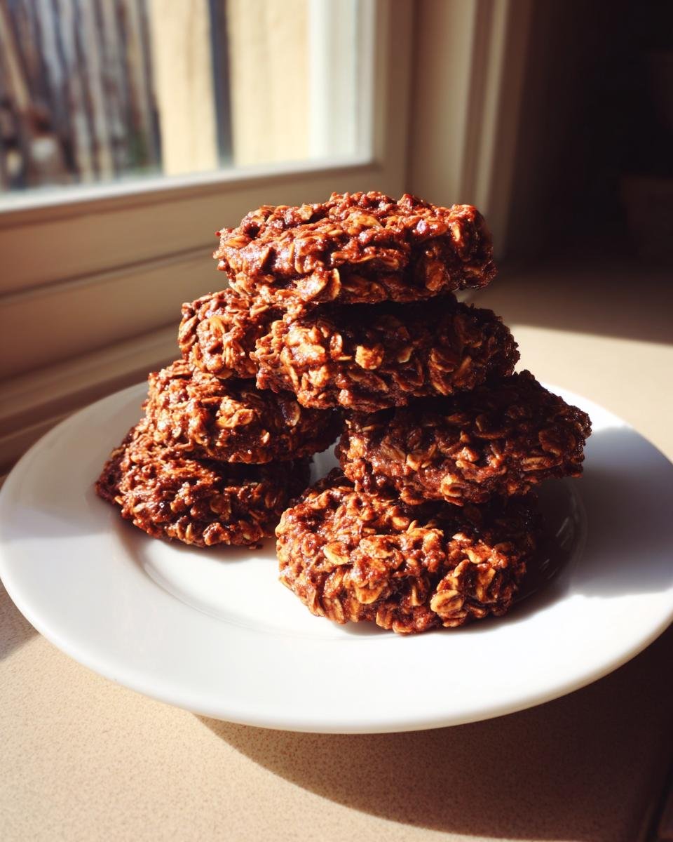 Ein Stapel Delicious Peanut Butter No Bake Cookies auf einem wei&szlig;en Teller, beleuchtet durch Sonnenlicht.