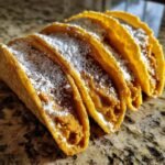 Vier Delicious Pumpkin Pie Tacos, gef&uuml;llt mit K&uuml;rbiscreme und best&auml;ubt mit Puderzucker.