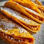 Nahaufnahme von mehreren Delicious Pumpkin Pie Tacos, gef&uuml;llt mit K&uuml;rbisf&uuml;llung und best&auml;ubt mit Puderzucker.