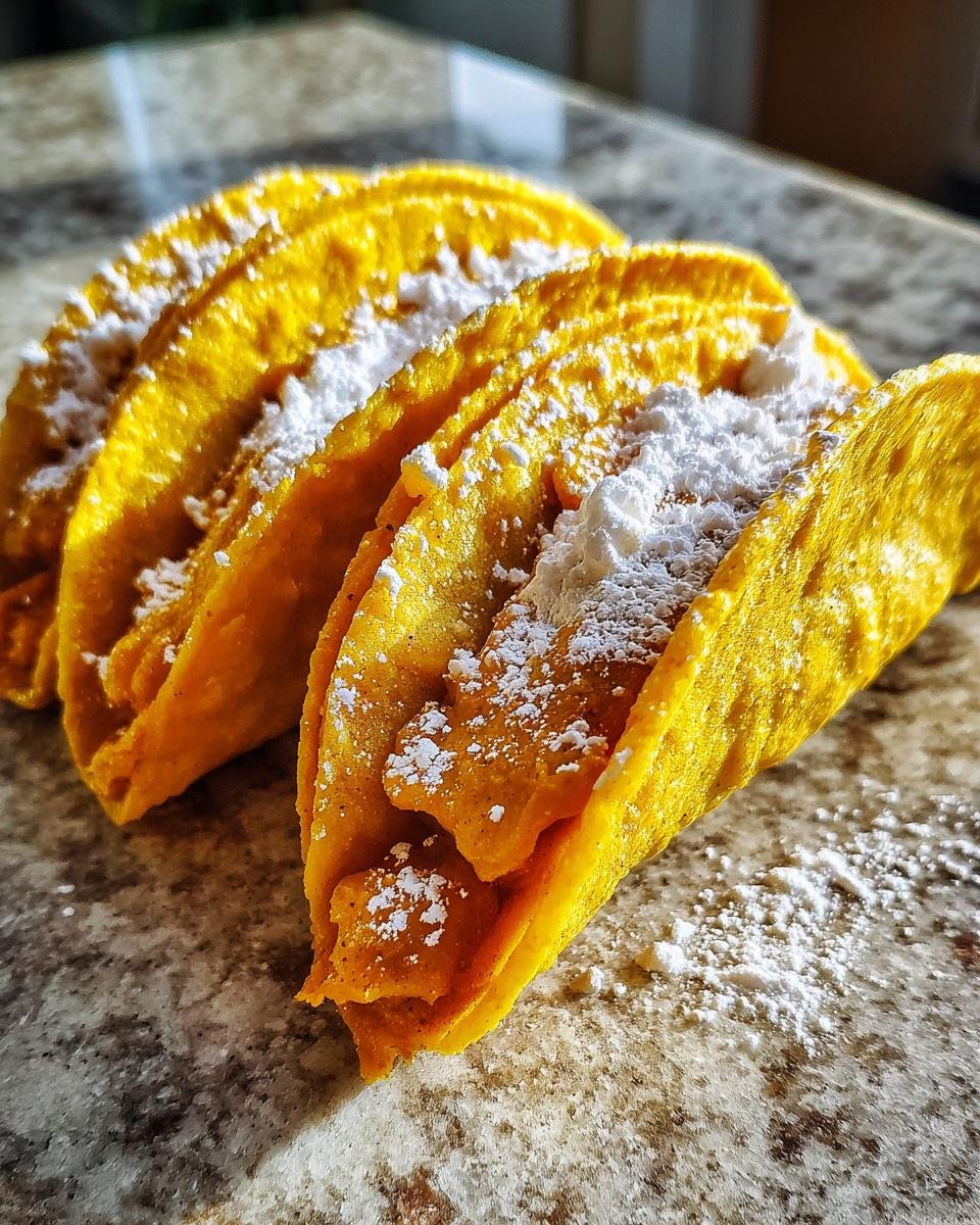 Drei Delicious Pumpkin Pie Tacos, gef&uuml;llt und mit Puderzucker bestreut, auf einer Marmoroberfl&auml;che.