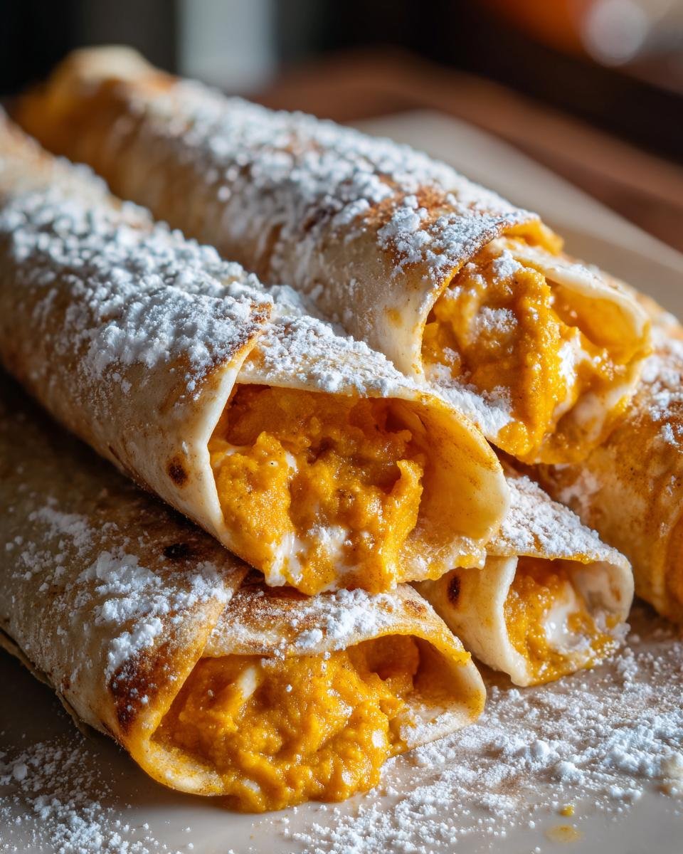 Nahaufnahme von Delicious Pumpkin Pie Tacos, gef&uuml;llt mit K&uuml;rbiskuchenw&uuml;rze und best&auml;ubt mit Puderzucker.