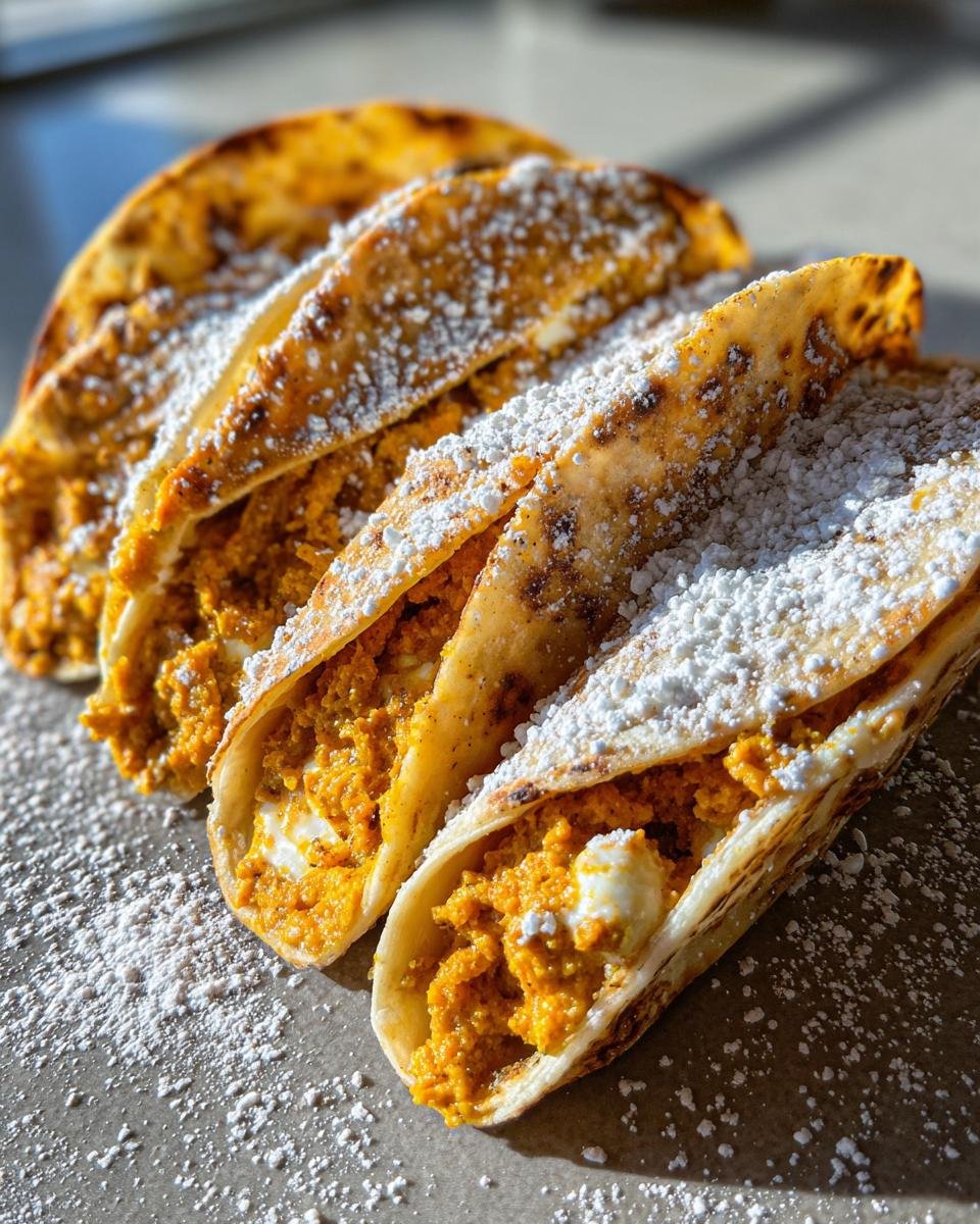 Nahaufnahme von Delicious Pumpkin Pie Tacos, gef&uuml;llt mit K&uuml;rbismasse und best&auml;ubt mit Puderzucker.