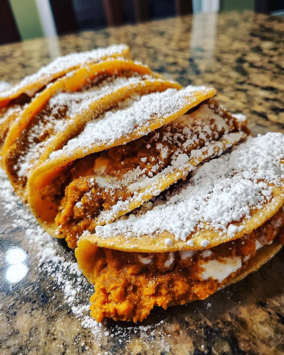 Nahaufnahme von mehreren Delicious Pumpkin Pie Tacos, gef&uuml;llt mit K&uuml;rbismasse und best&auml;ubt mit Puderzucker.