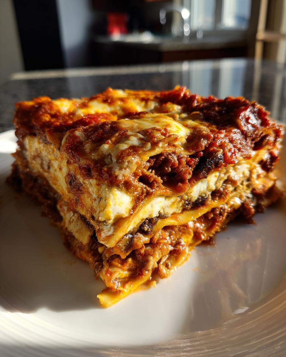 Ein dickes St&uuml;ck Delicious Vegetarian Eggplant Lasagna With Mushrooms mit geschmolzenem K&auml;se und Tomatensauce auf einem wei&szlig;en Teller.