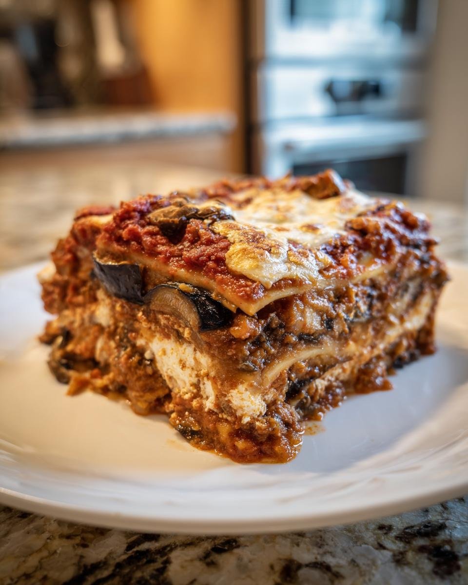 Ein dickes St&uuml;ck Delicious Vegetarian Eggplant Lasagna With Mushrooms auf einem wei&szlig;en Teller.
