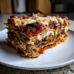 Ein dickes St&uuml;ck Delicious Vegetarian Eggplant Lasagna With Mushrooms mit geschmolzenem K&auml;se auf einem wei&szlig;en Teller.