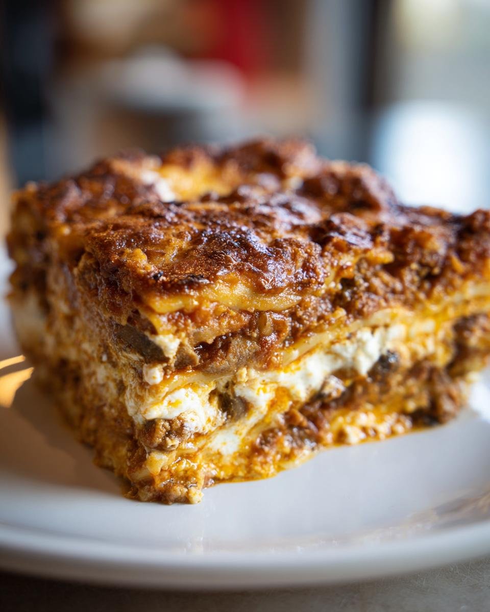 Nahaufnahme eines perfekt geschichteten St&uuml;cks Delicious Vegetarian Eggplant Lasagna With Mushrooms auf einem wei&szlig;en Teller.