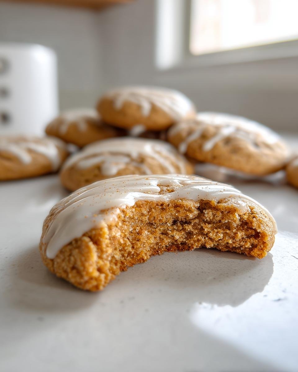 Nahaufnahme einer angeschnittenen Delightful Gingerbread Cheesecake Cookies mit wei&szlig;em Zuckerguss.