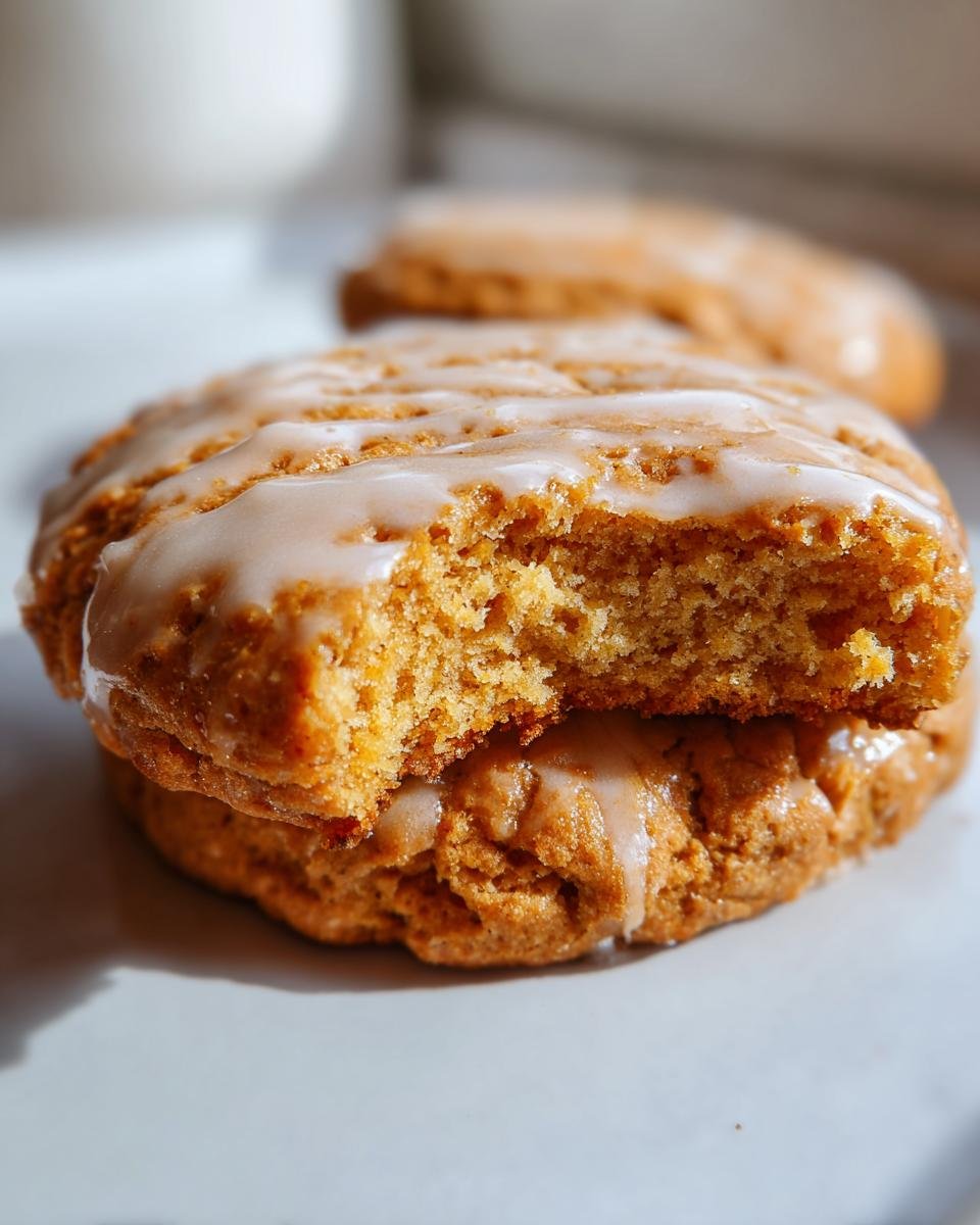 Nahaufnahme von Delightful Gingerbread Cheesecake Cookies mit Zuckerguss, einer davon zerbrochen.