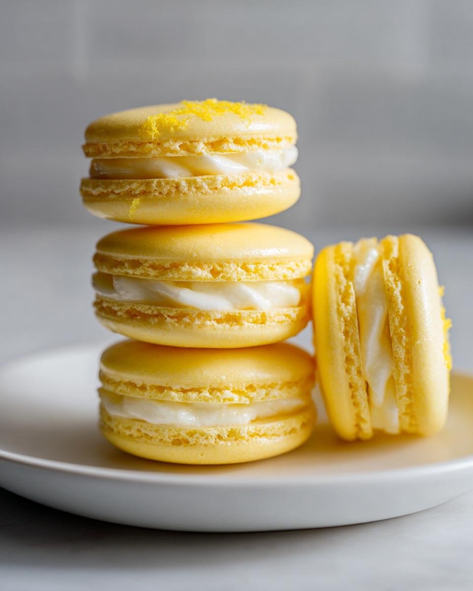 Drei gestapelte Delightful Lemon Macarons mit wei&szlig;er Creme-F&uuml;llung auf einem Teller.