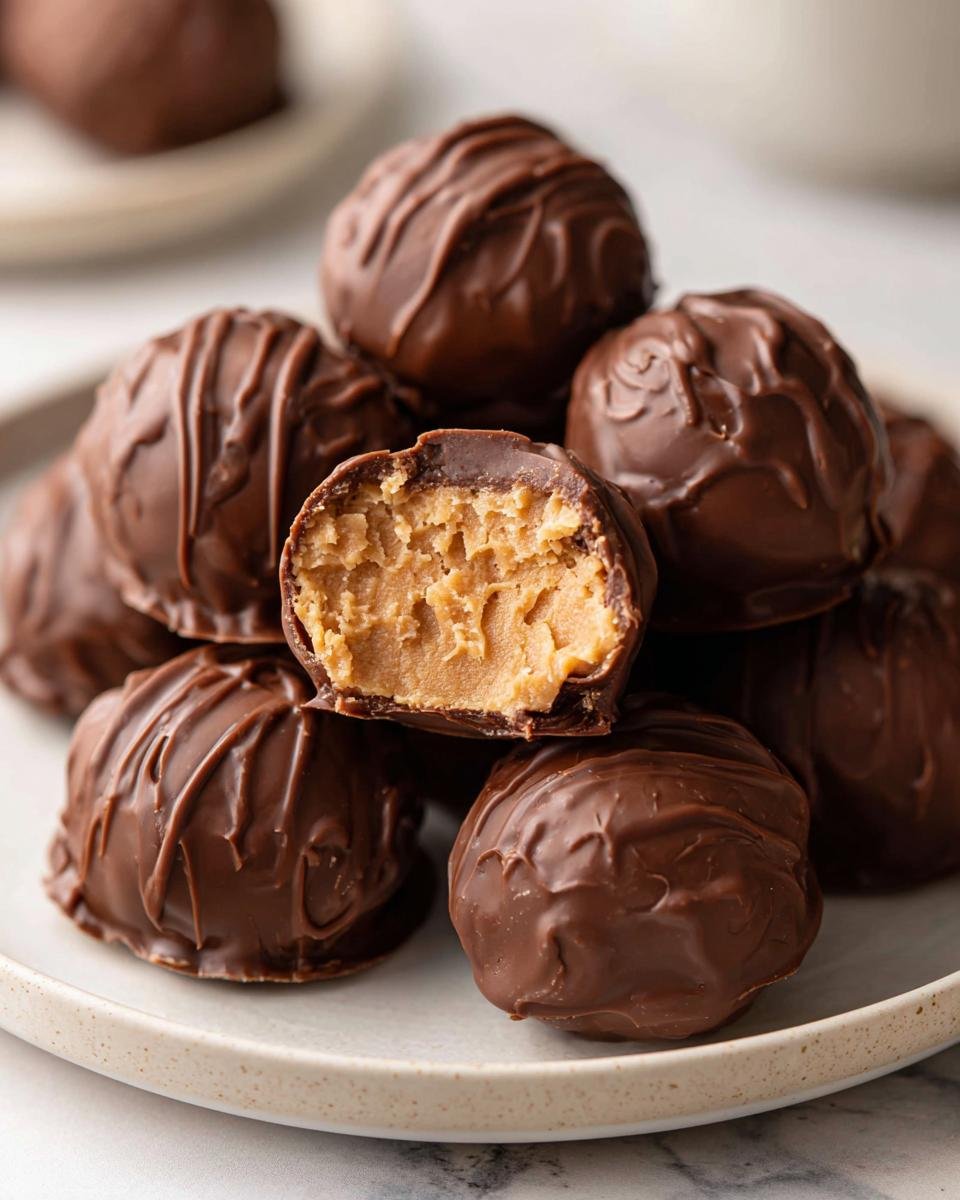 Ein Haufen schokoladen&uuml;berzogener Easy 4 Ingredient Peanut Butter Balls, einer davon aufgeschnitten.
