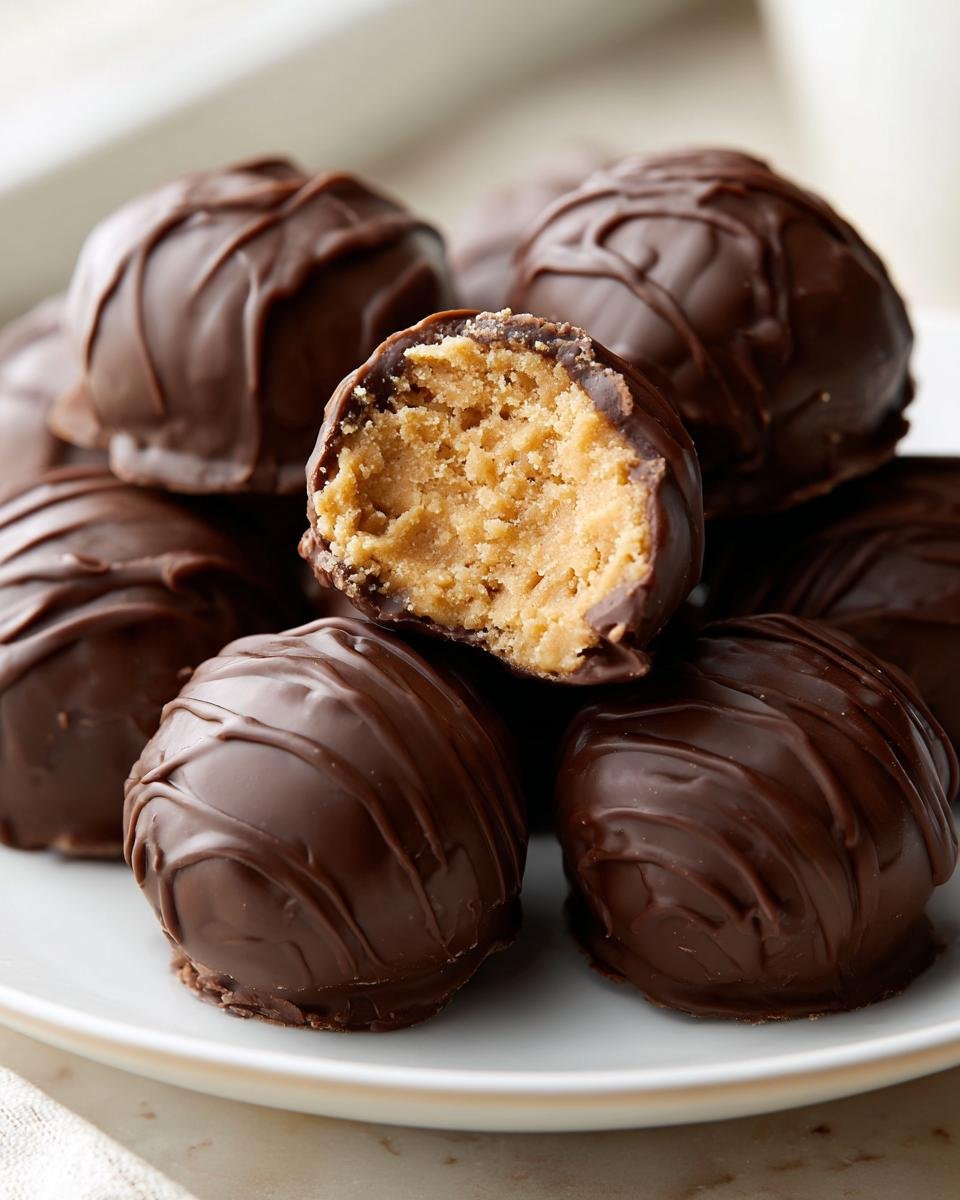 Nahaufnahme von schokoladen&uuml;berzogenen Easy 4 Ingredient Peanut Butter Balls, einer angeschnitten.