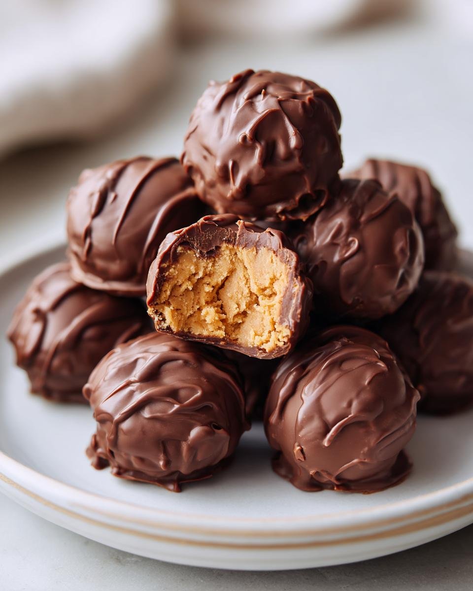 Stapel von schokoladen&uuml;berzogenen Easy 4 Ingredient Peanut Butter Balls, einer davon angeschnitten.