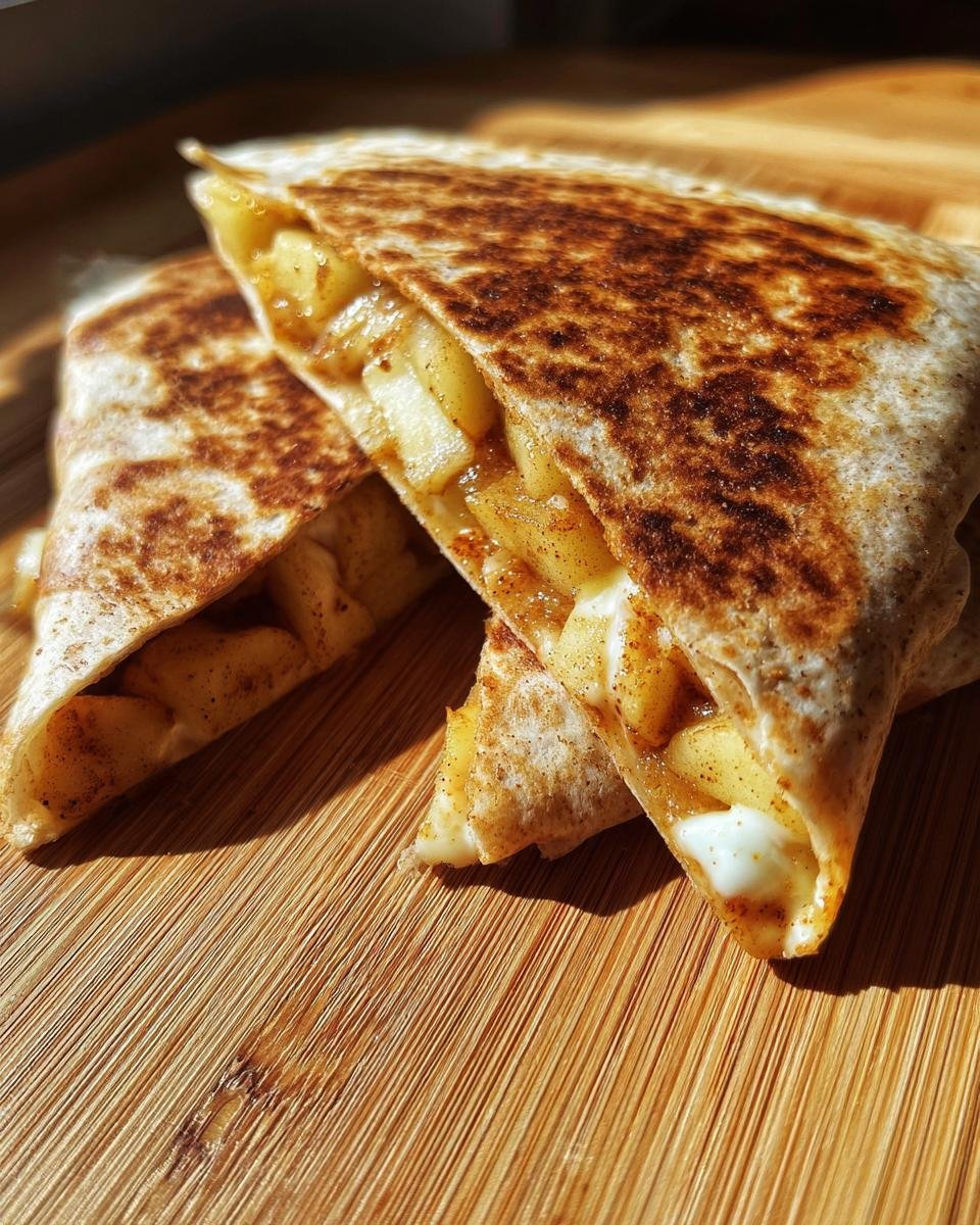 Zwei H&auml;lften von Easy Apple Cinnamon Breakfast Quesadillas mit geschmolzenem K&auml;se und Apfelf&uuml;llung auf Holz.