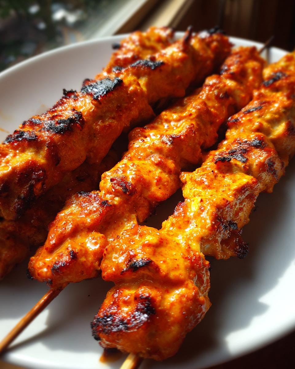 Nahaufnahme von gegrillten Easy Bang Bang Chicken Skewers mit leuchtend oranger Marinade auf einem wei&szlig;en Teller.