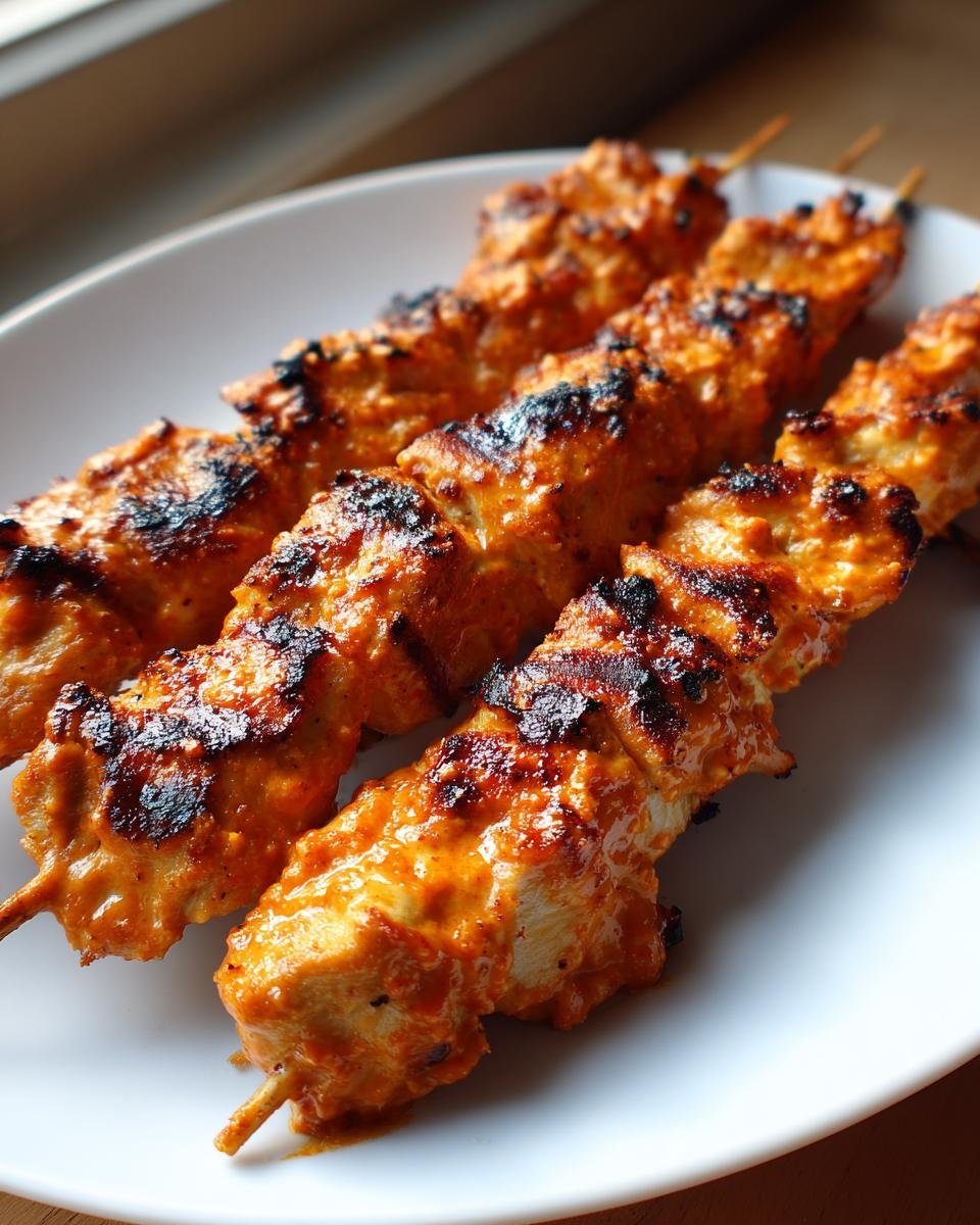 Nahaufnahme von drei gegrillten Easy Bang Bang Chicken Skewers mit w&uuml;rziger, oranger Marinade auf einem wei&szlig;en Teller.