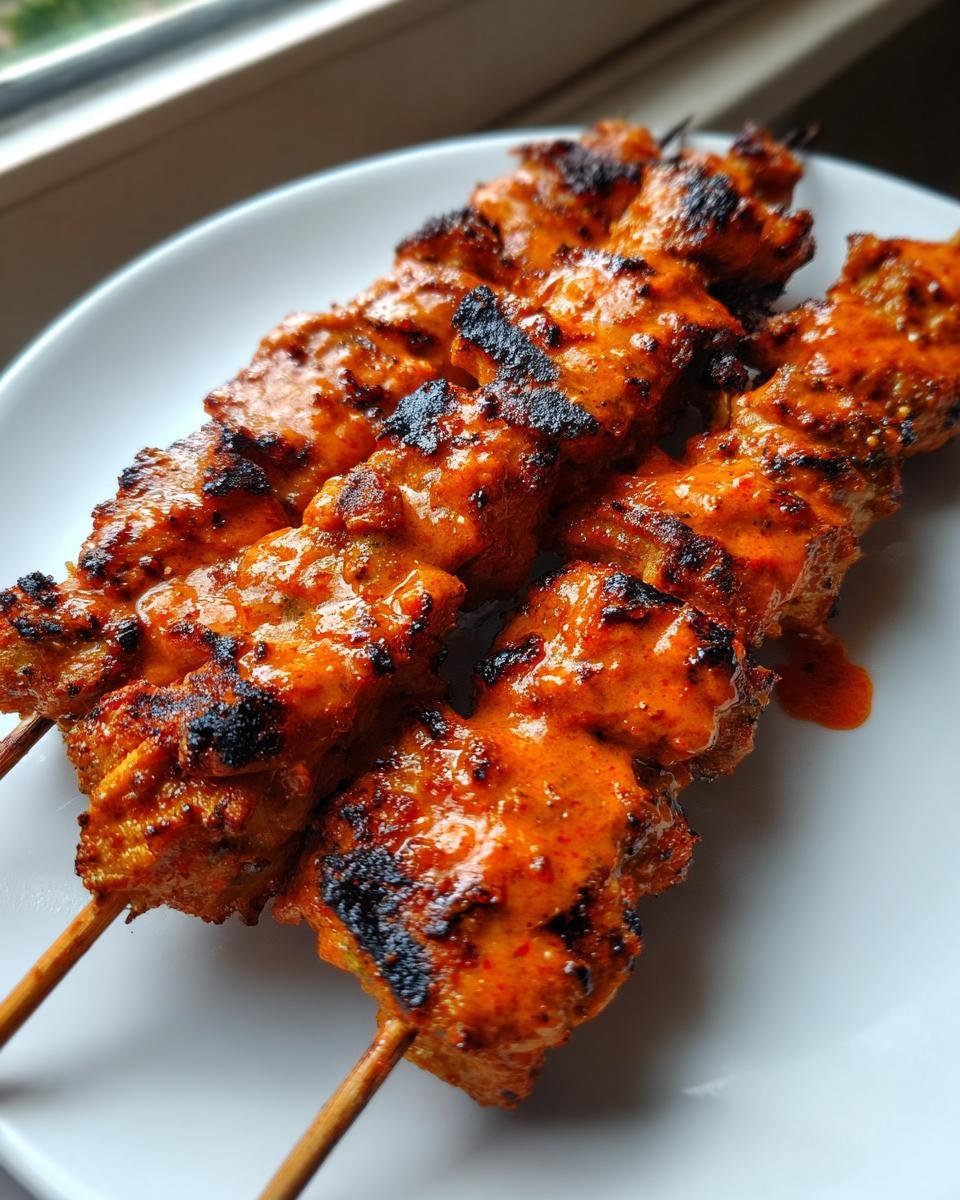 Nahaufnahme von gegrillten Easy Bang Bang Chicken Skewers mit leuchtend oranger Sauce auf einem wei&szlig;en Teller.