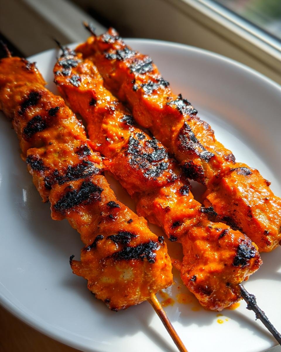 Drei gegrillte Easy Bang Bang Chicken Skewers mit leichten Brandspuren auf einem wei&szlig;en Teller.