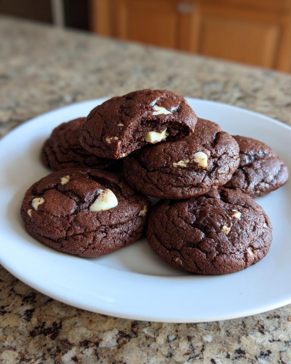Stapel von dunklen, schokoladigen Easy Cookies And Cream Cookies mit wei&szlig;en Schokoladenst&uuml;ckchen auf einem wei&szlig;en Teller.