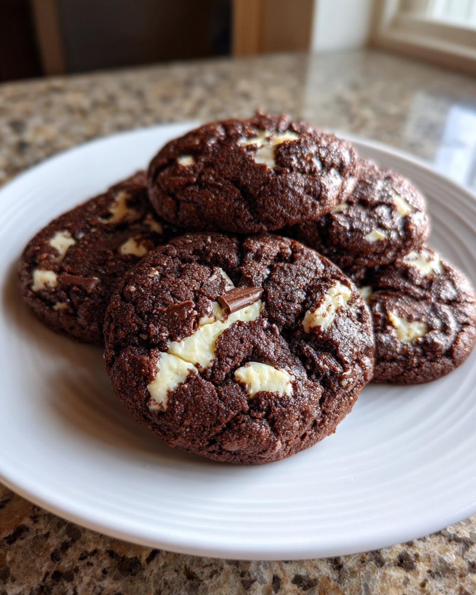 Stapel von dunklen Schokoladenkeksen mit wei&szlig;en Schokoladenst&uuml;cken auf einem wei&szlig;en Teller, die Easy Cookies And Cream Cookies darstellen.