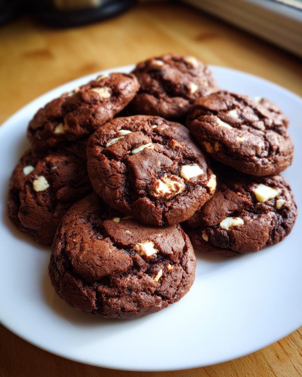 Ein Teller voller saftiger, dunkler Easy Cookies And Cream Cookies mit wei&szlig;en Schokoladenst&uuml;ckchen.