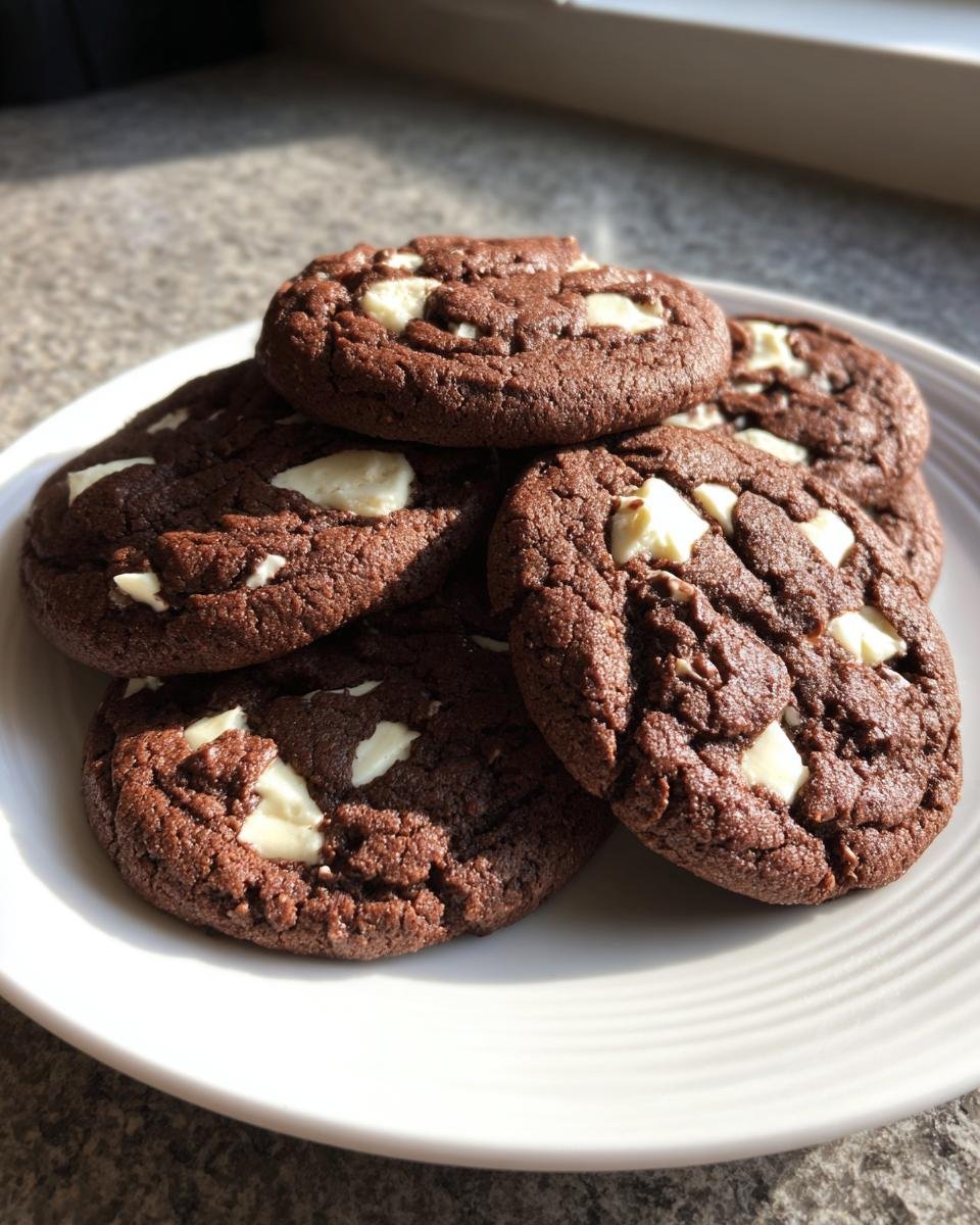 Nahaufnahme von schokoladigen Easy Cookies And Cream Cookies mit wei&szlig;en Schokoladenst&uuml;cken auf einem wei&szlig;en Teller.