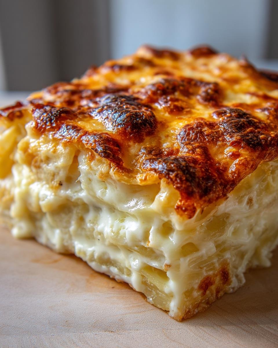 Nahaufnahme eines St&uuml;cks Easy Creamy Cheesy Potato Gratin mit goldbraun gebackener K&auml;sekruste.