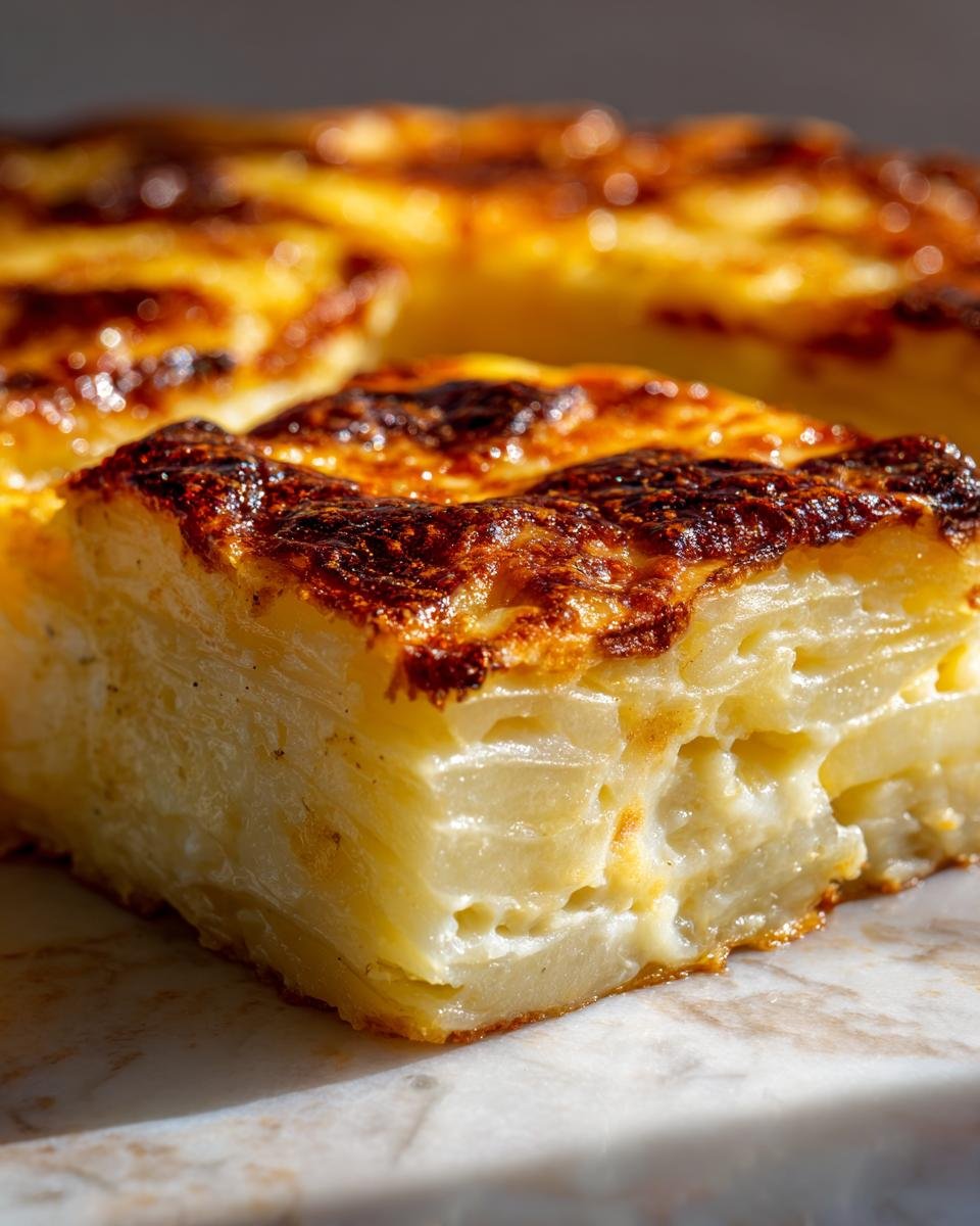 Nahaufnahme eines St&uuml;cks Easy Creamy Cheesy Potato Gratin mit goldbrauner, knuspriger K&auml;sekruste.